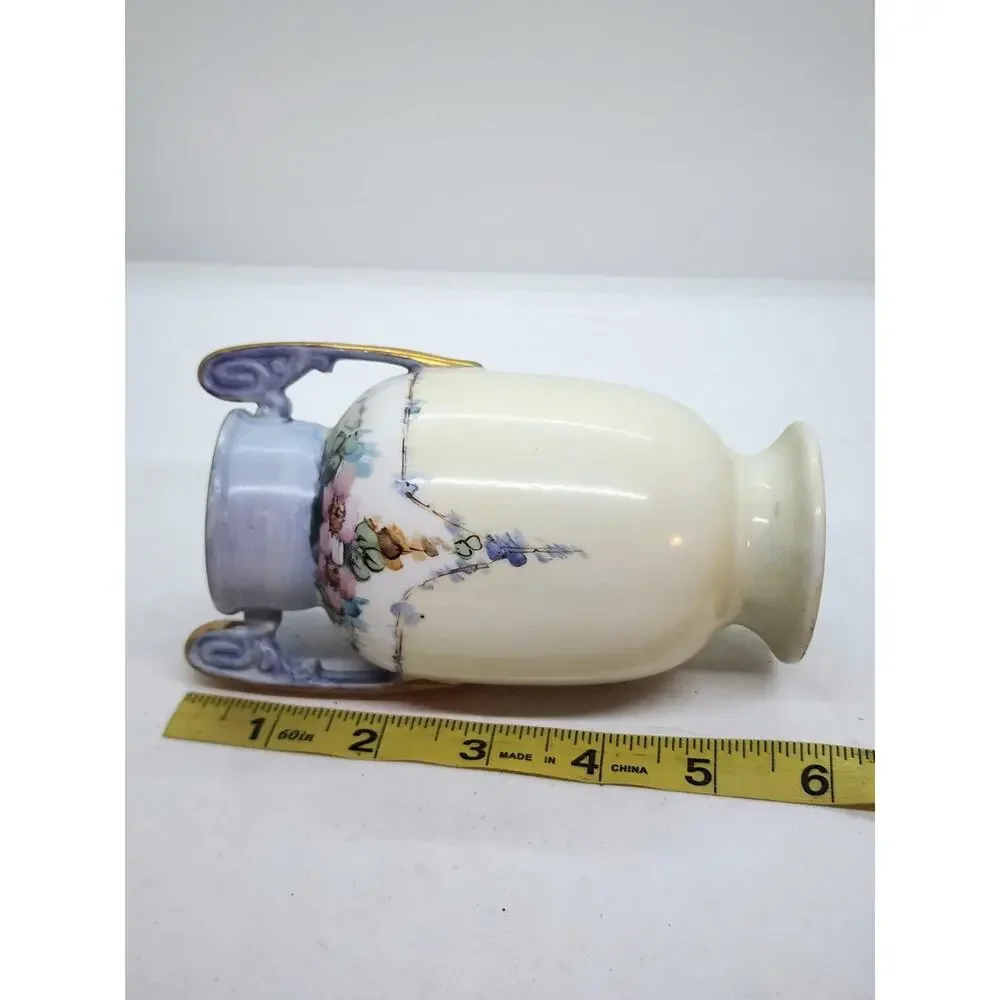 Antique Nippon Noritake Hand Painted Floral Vase Gold Trim Twin Handle 6